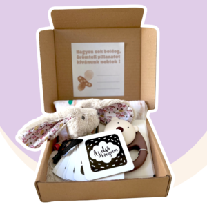 Puha Pillanatok csomag – fejlesztő baba ajándék plüss játékkal